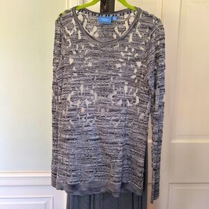 Vera Wang Lace Semi Sheer Gray Navy Patterned Long Sleeve Tunic Top Size Medium